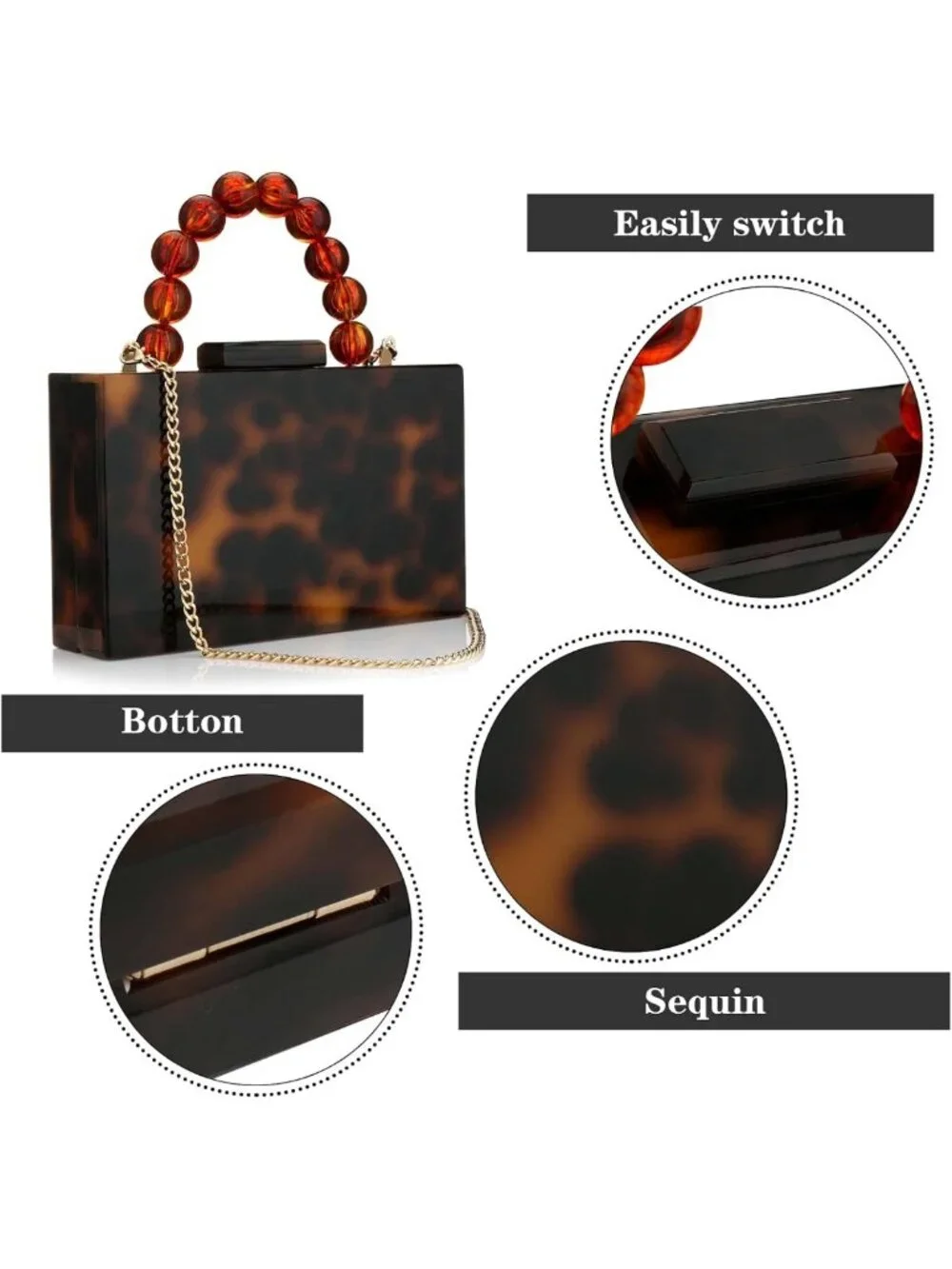 Chic Acrylic Evening Clutch Bag with Pearl Chain - Marbled Crossbody for